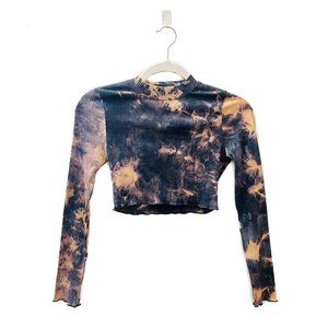 Tie Dye Lettuce Trim Ribbed Mock Neck Crop Top | Small S